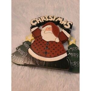 Wooden Santa Vintage Plaque Wood Sign Merry Christmas Tree Star Cute Painted